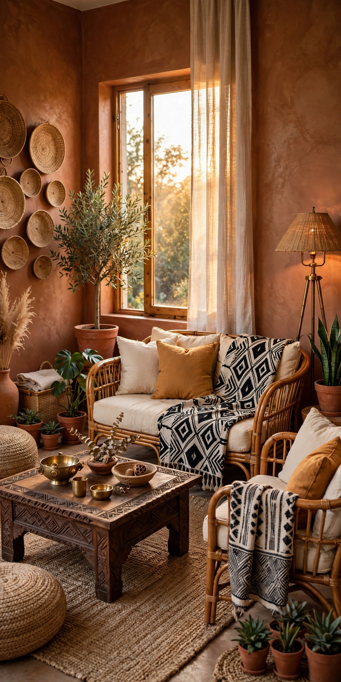Afrohemian living room decor with terracotta walls, rattan furniture, mudcloth textiles and warm golden light
