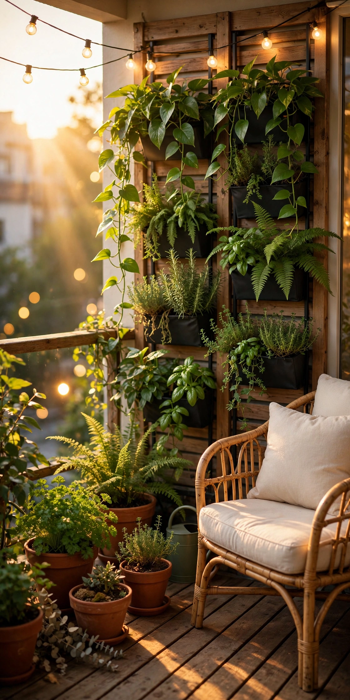 Lush vertical balcony garden with wall-mounted planters, terracotta pots, rattan chair and glowing string lights at golden hour