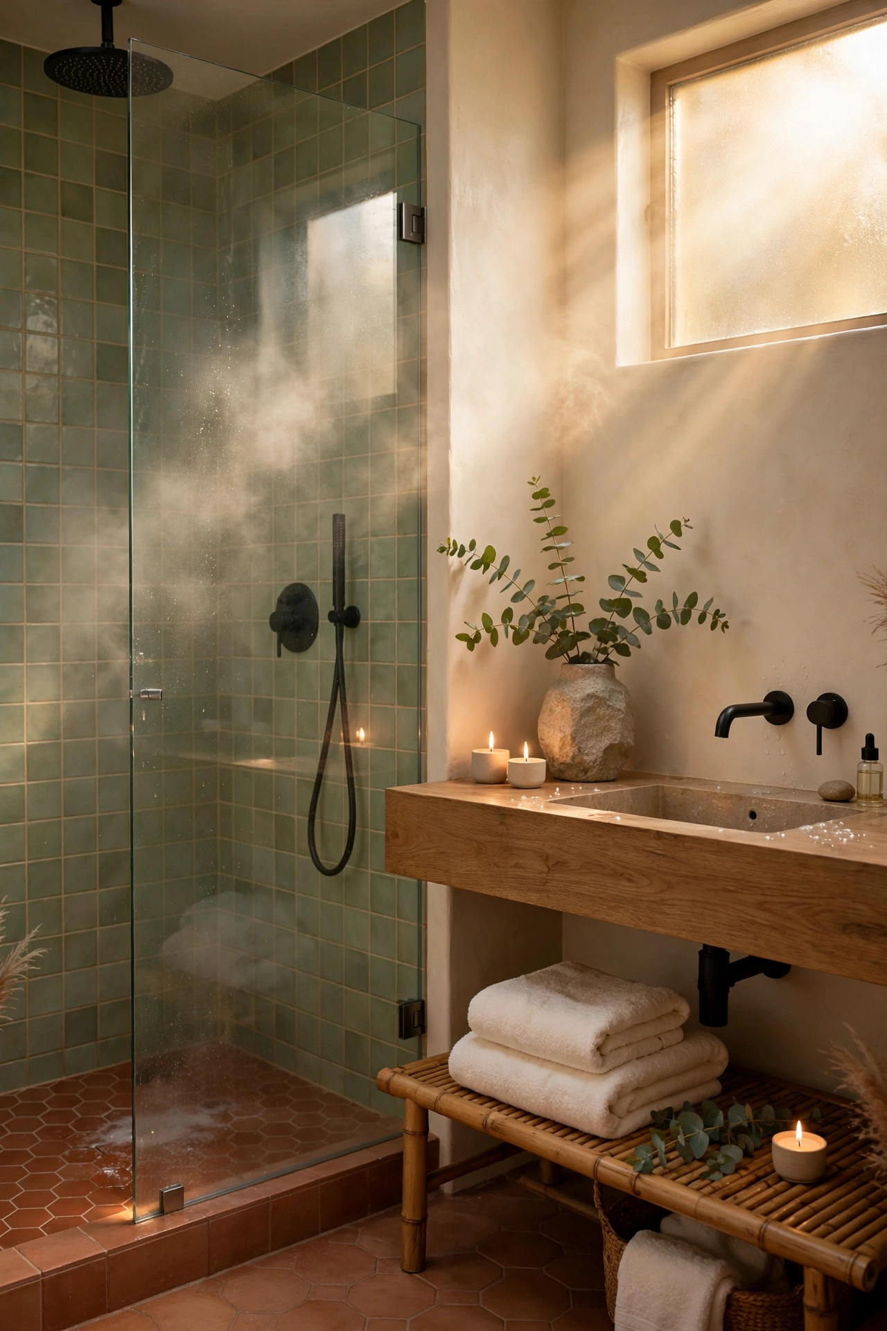 Spa-like bathroom refresh with walk-in shower, floating wood vanity, folded towels, eucalyptus and warm candlelight