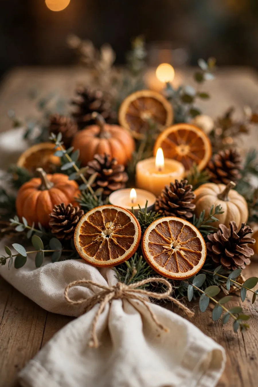 Budget Thanksgiving table decor ideas detail: DIY centerpiece of dried oranges, pinecones, mini pumpkins, eucalyptus sprigs and a cream linen napkin tied with twine on a wooden table