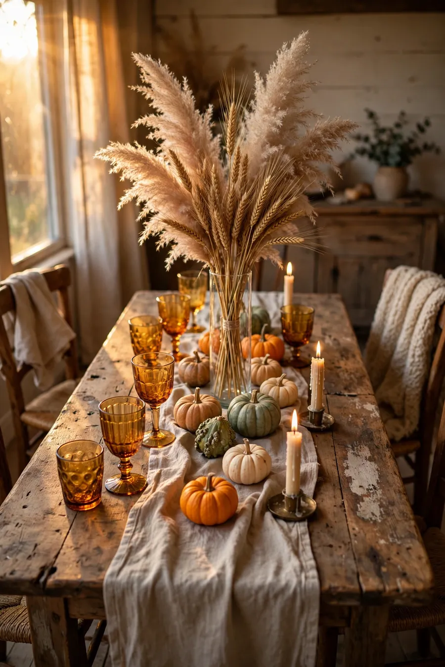 Budget Thanksgiving table decor ideas: rustic farmhouse table styled with dried wheat bundles, linen runner, thrifted amber glassware, small pumpkins and lit taper candles in warm golden light