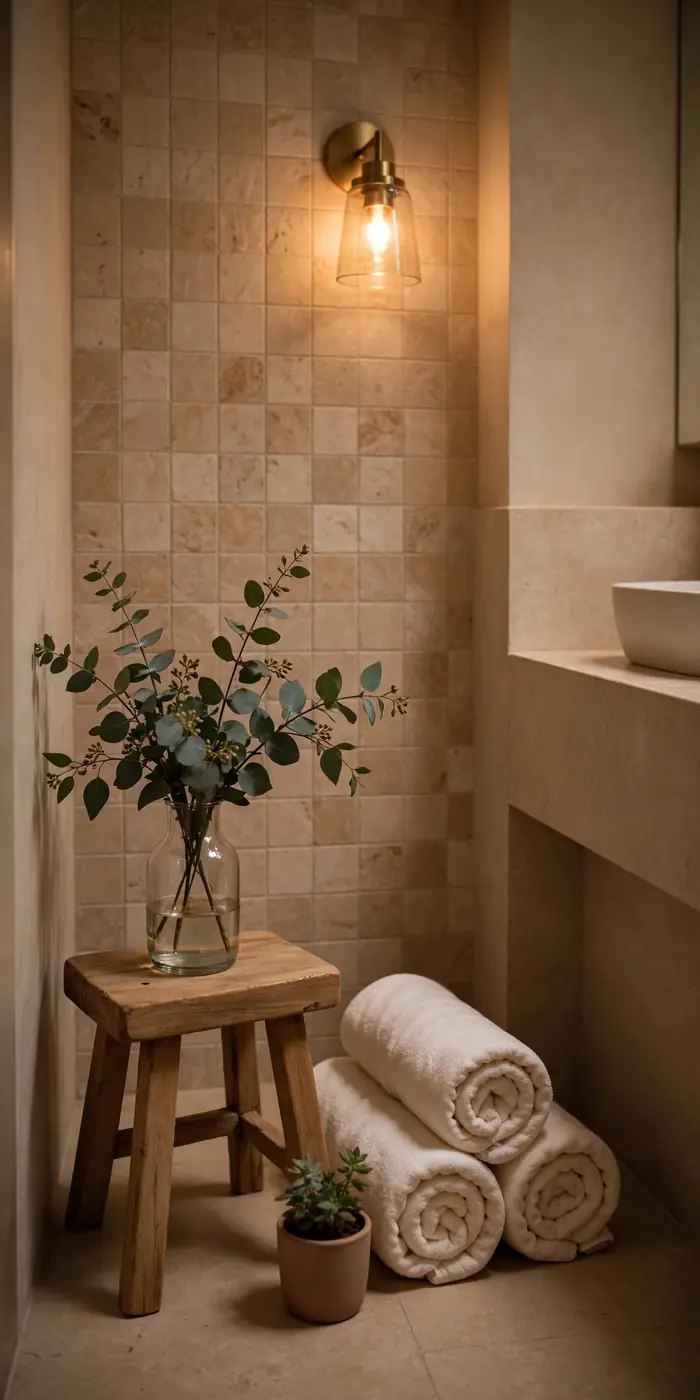 Spa-like small bathroom with eucalyptus, rolled towels and warm sconce light