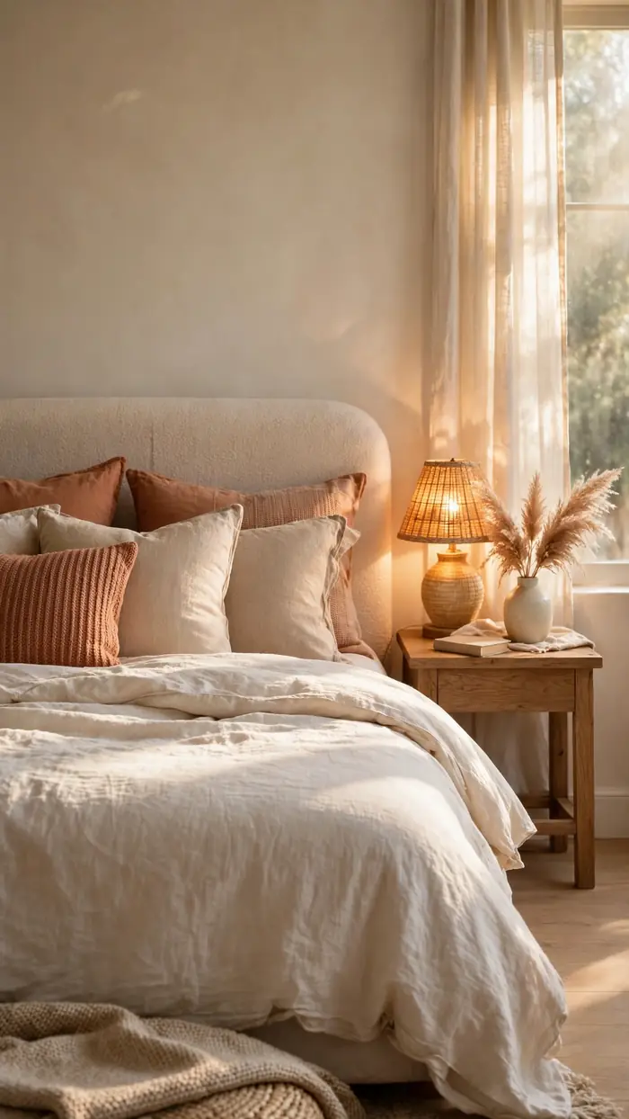 Cozy styled bedroom with cream linen bedding, layered pillows and warm bedside lamp