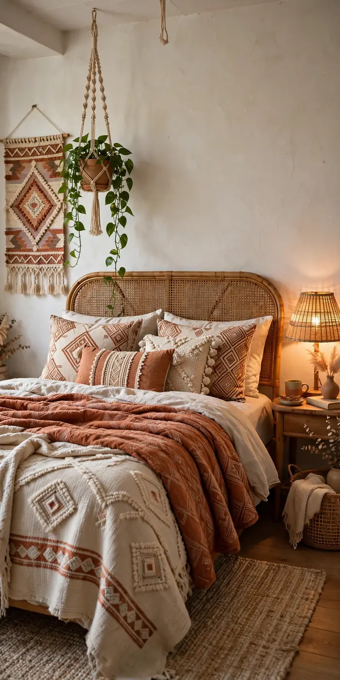 Boho chic bedroom with rattan headboard, layered terracotta textiles and macrame plant holder