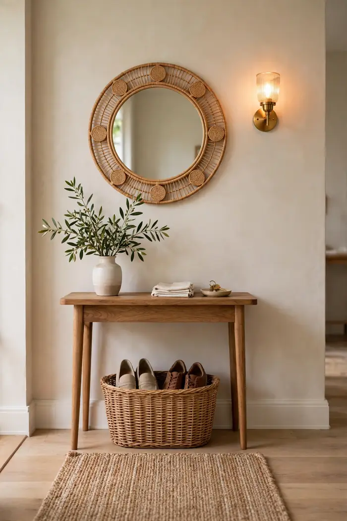 Welcoming entryway with wooden console table, round mirror and woven basket