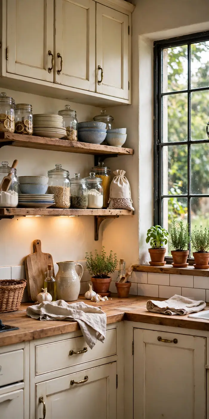 Rustic modern kitchen refresh with open wooden floating shelves, ceramic dishes and potted herbs