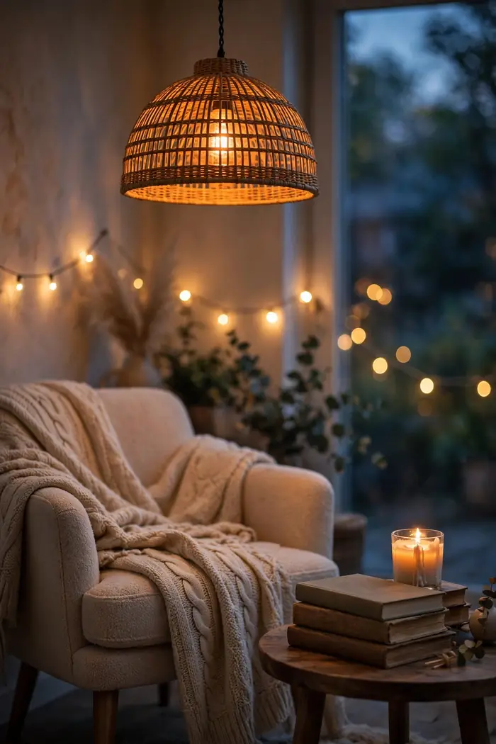 Warmly lit reading nook at dusk with rattan pendant lamp, armchair and string lights