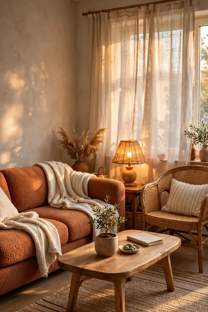 Cozy living room makeover with terracotta sofa, warm lamp light and plants