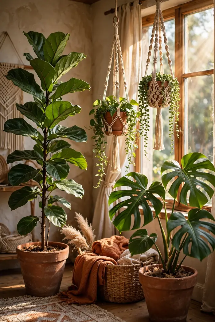 Lush indoor plant corner with fiddle leaf fig, monstera and macrame hangers in sunlight