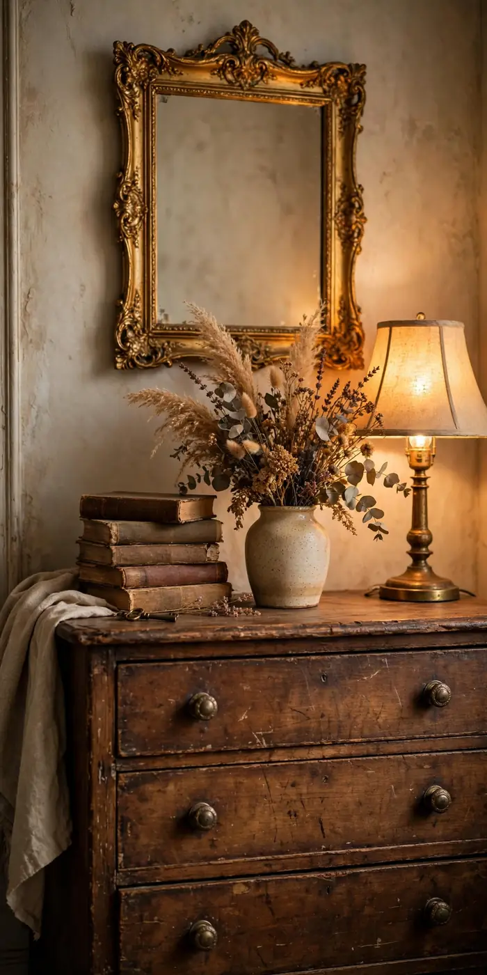 Vintage styled corner with antique dresser, gold mirror, old books and dried flowers