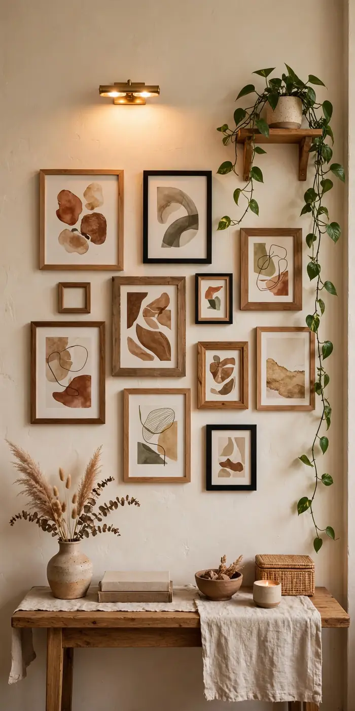 DIY large wall art gallery wall with mismatched frames, oversized wall art prints and trailing plant