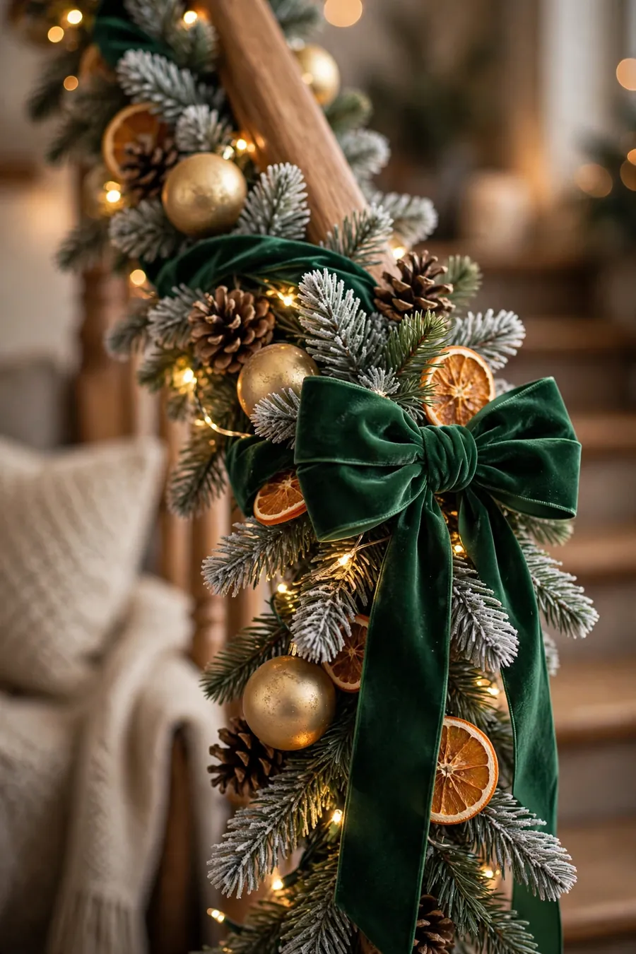 Close-up of Christmas staircase garland with warm fairy lights, matte gold baubles, pinecones, dried orange slices and an emerald green velvet bow on a wooden banister