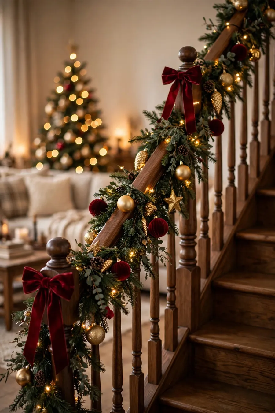 Christmas staircase decor ideas: wooden staircase with evergreen garland, warm fairy lights, red velvet bows and gold ornaments, lit Christmas tree glowing in the background