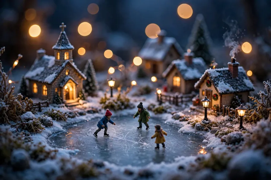 Christmas village display ideas: close-up of glowing tiny church and cottages with snow-dusted roofs, small LED street lamps and a miniature frozen pond at dusk