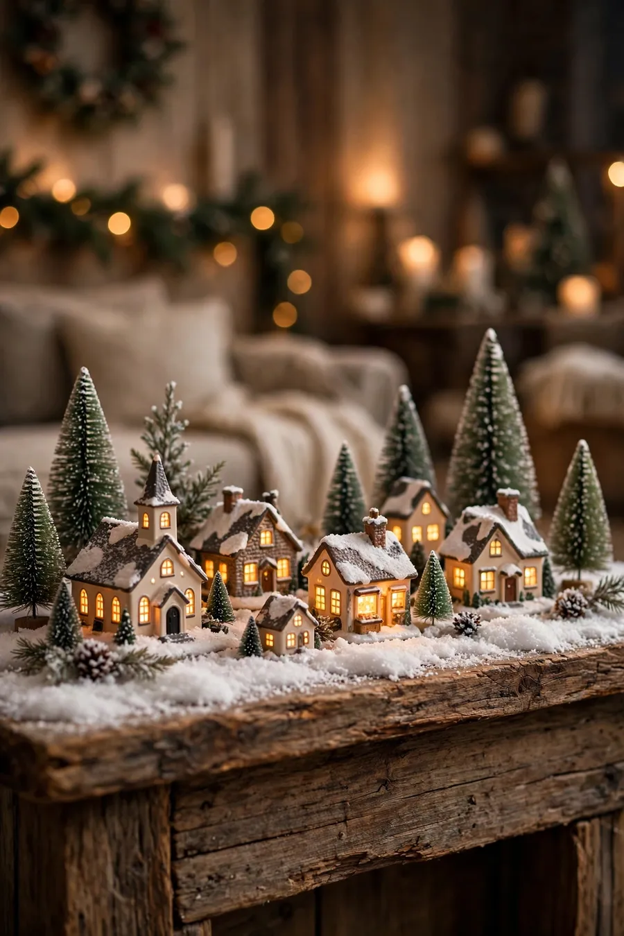 Christmas village display ideas: miniature lit ceramic houses with glowing windows on a snowy mantel with tiny bottle-brush trees and warm holiday glow