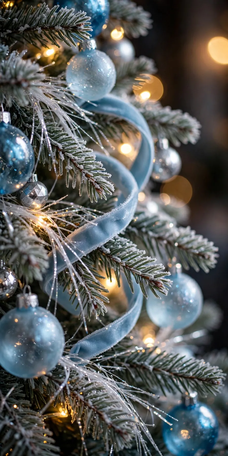 Close-up of frosted Christmas tree branches with ice-blue glass baubles, silver ornaments and shimmering tinsel glowing under warm fairy lights
