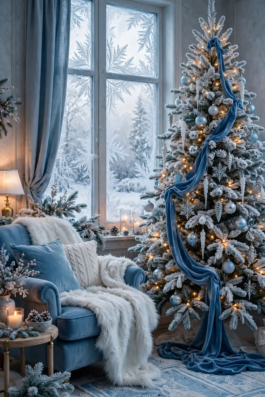 Cool blue Christmas decor ideas: living room with an icy-blue ornamented Christmas tree, frosted branches, warm fairy lights and a soft blue velvet ribbon