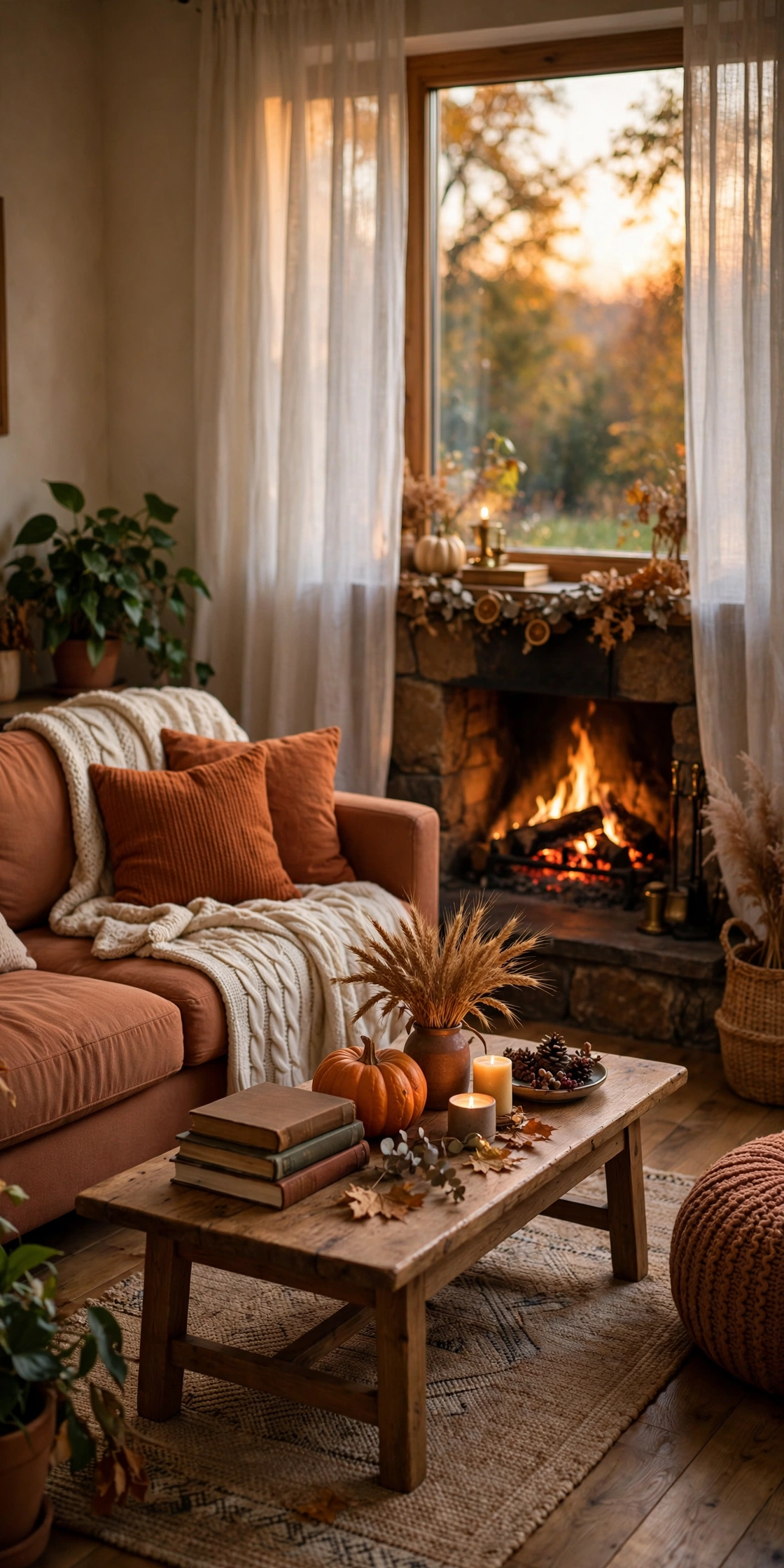 Cozy fall living room decor ideas: warm autumn living room with terracotta sofa, knit throws, pumpkins, dried wheat and glowing fireplace in golden light