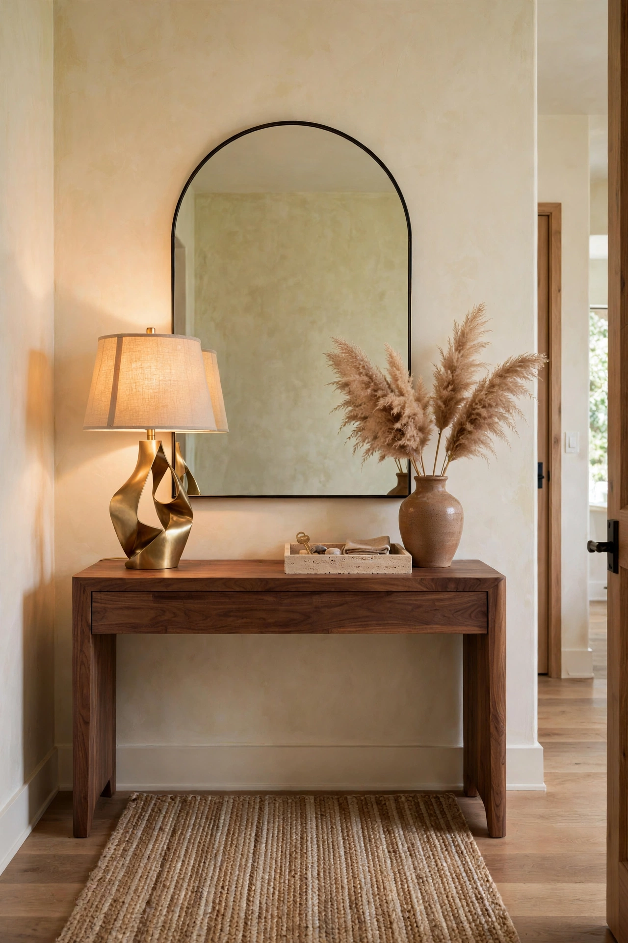 Styled entryway console table with arched mirror, brass lamp, ceramic vase and travertine catchall tray in warm light
