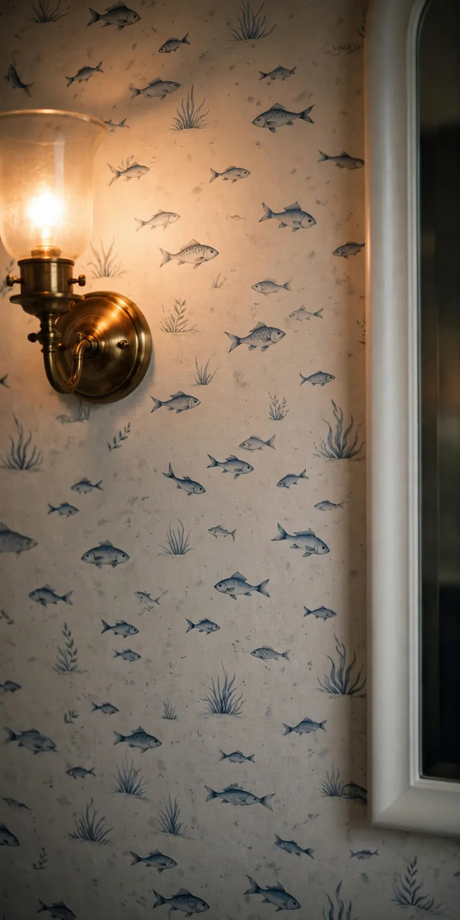 Fish wallpaper ideas: close-up of blue-grey fish motif wallpaper in a bathroom with warm light from a brass sconce