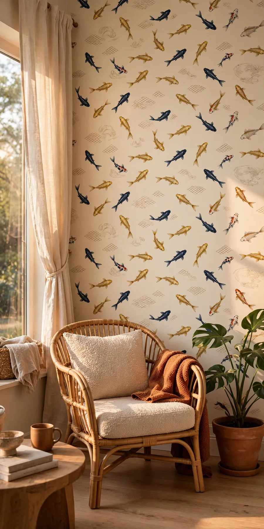 Fish wallpaper ideas: elegant gold and navy koi fish patterned wallpaper on a living room accent wall with a rattan chair