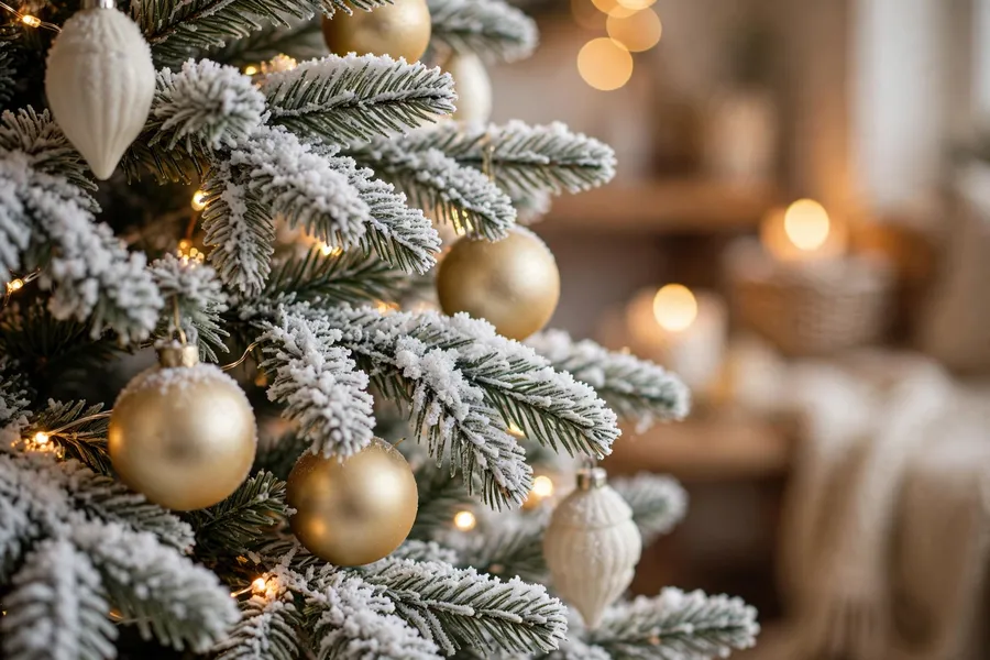 Close-up of snow-flocked Christmas tree branches with matte gold baubles, ivory ornaments and warm fairy lights glowing between frosted needles