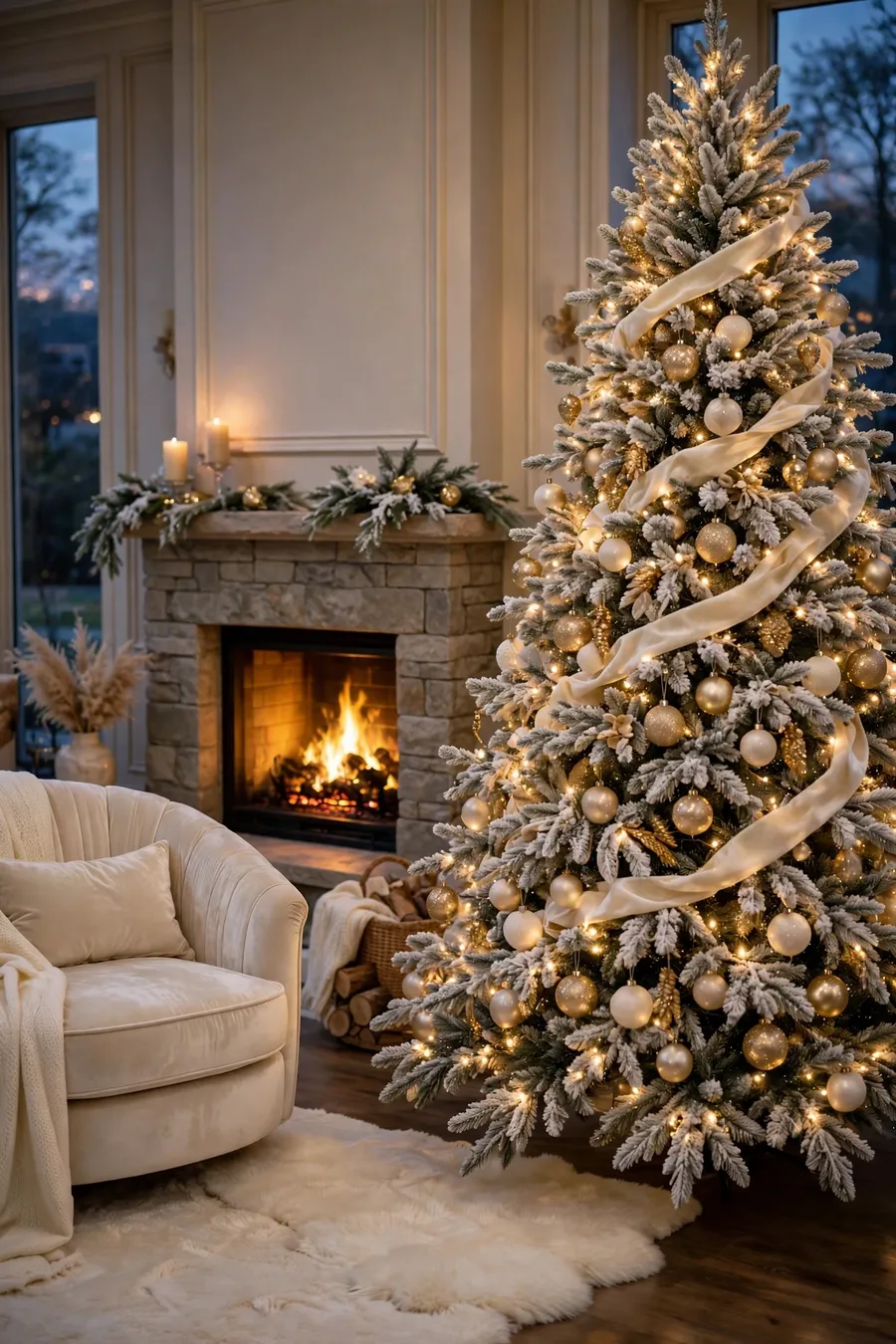 Flocked Christmas tree decor ideas: snow-dusted Christmas tree with warm fairy lights, champagne gold and ivory ornaments and velvet ribbon in a cozy living room