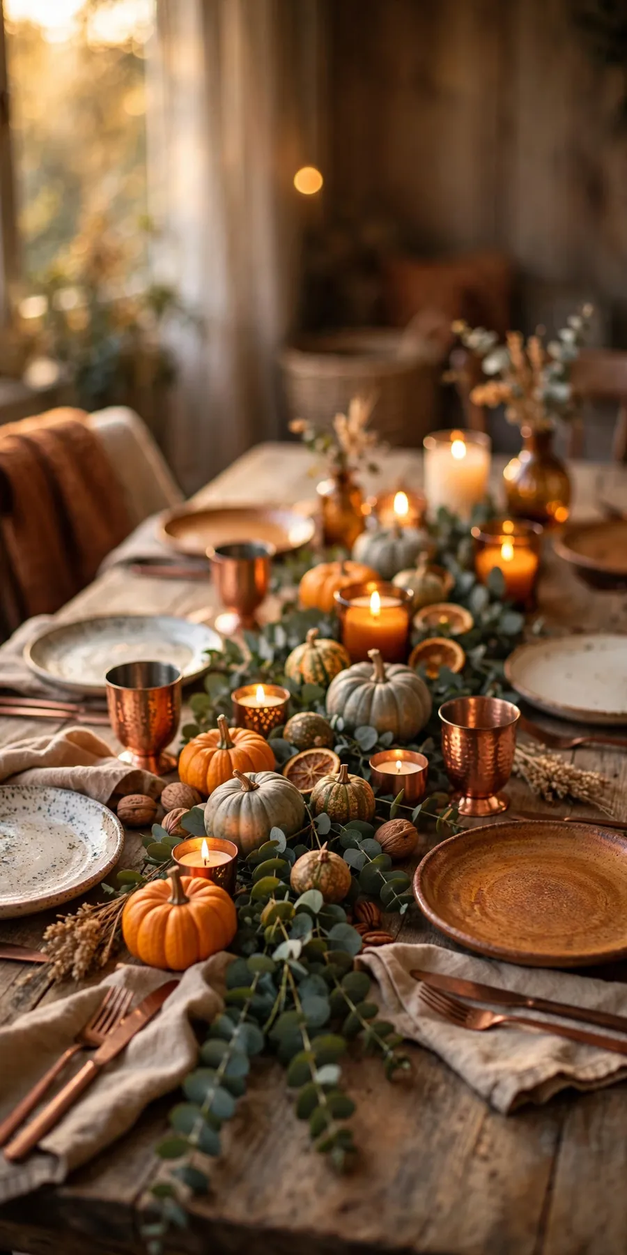 Friendsgiving table decor ideas: warm rustic wooden table with amber candles, small pumpkins and gourds, eucalyptus garland centerpiece, mismatched plates and linen napkins in golden light