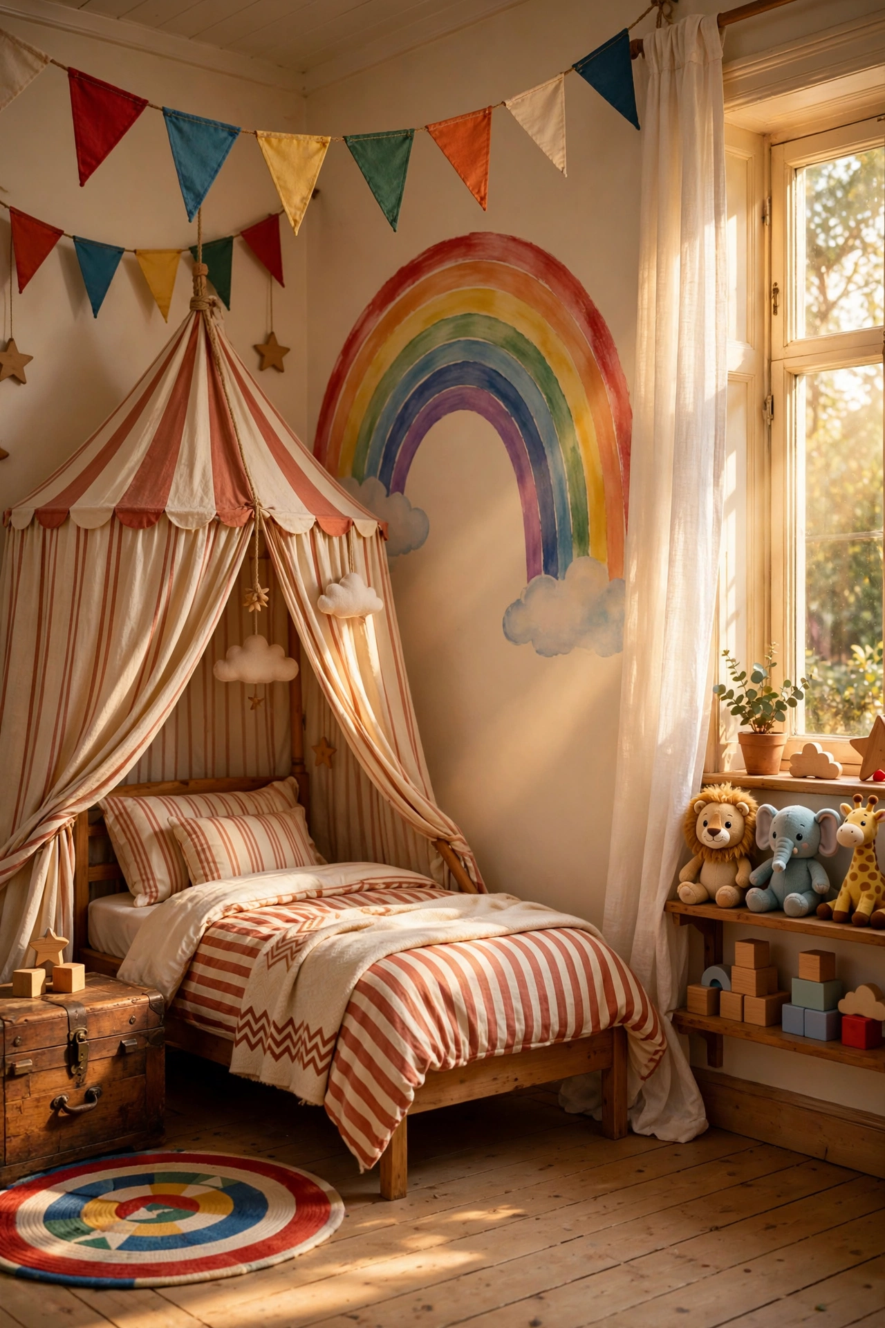 FunHaus kids room ideas: circus-inspired kids bedroom with striped canopy tent, pennant garland and rainbow mural in warm light
