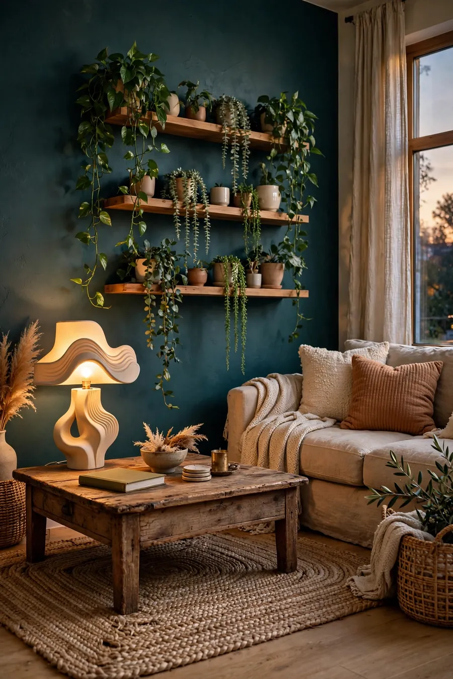 Home decor inspo: cozy living room with teal accent wall, funky sculptural lamp, vintage wood coffee table and floating shelves