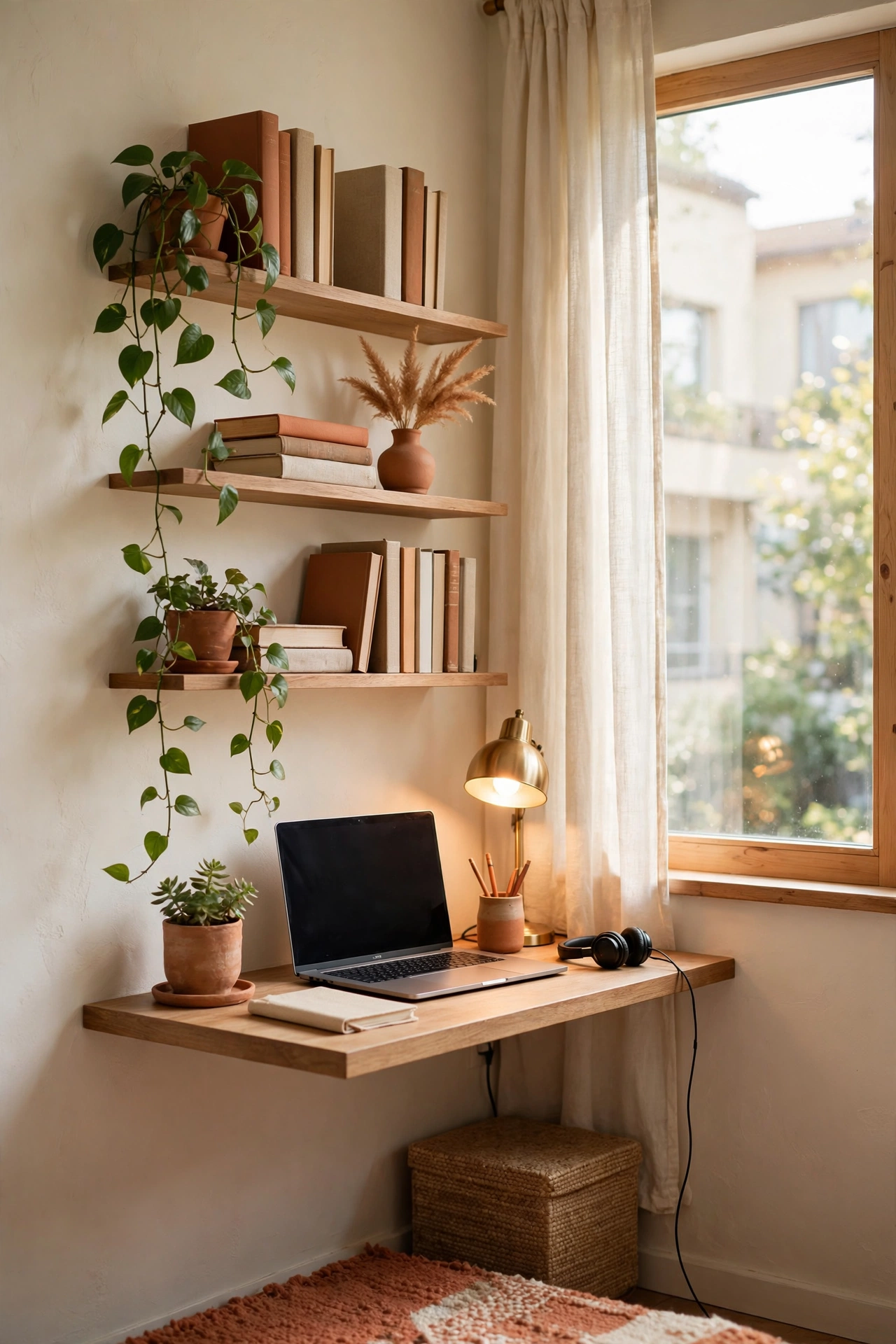 Cozy small home office nook with floating wooden desk under a bright window, warm lamp glow and plants on shelves