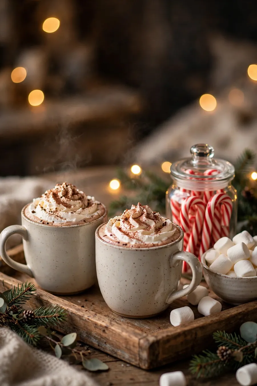 Hot cocoa bar detail: ceramic mugs of cocoa with whipped cream, glass jar of candy canes and marshmallow bowl on a wooden tray with glowing string lights