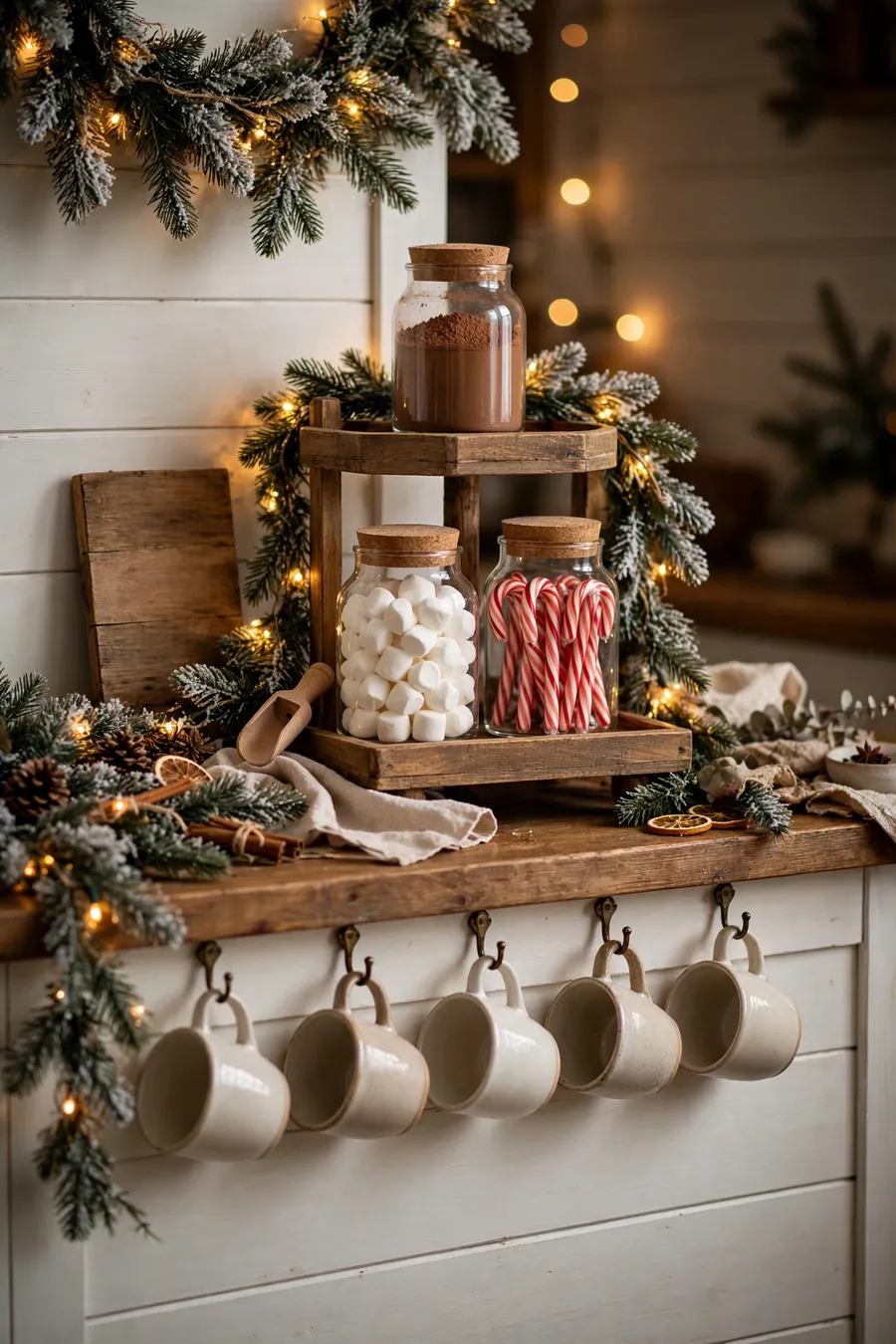 Hot cocoa bar ideas for Christmas: wooden two-tiered tray with glass jars of cocoa mix, marshmallows and candy canes, mugs on hooks, flocked garland and warm fairy lights on a kitchen counter