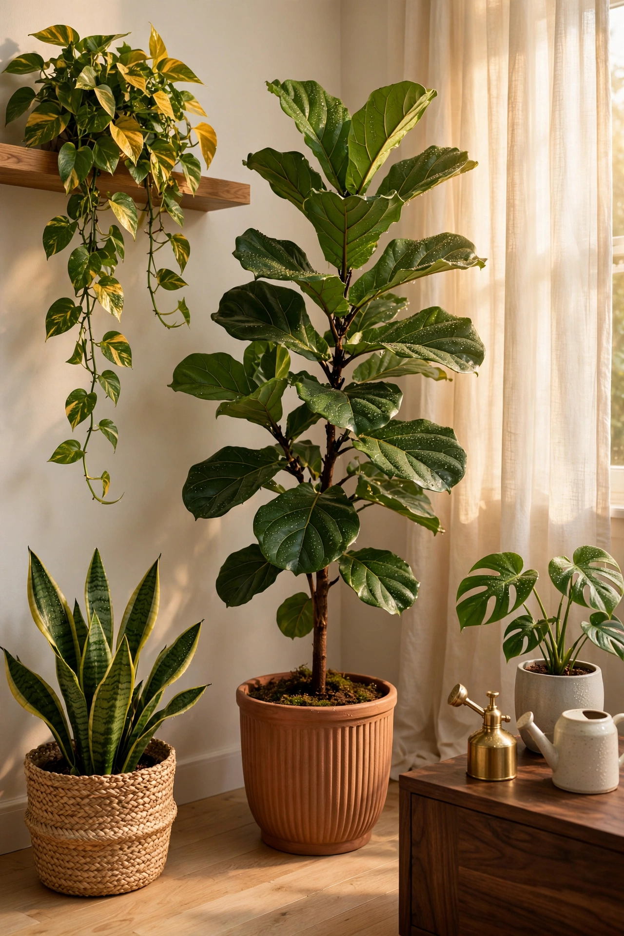 Sunlit indoor plant corner with fiddle-leaf fig, pothos and snake plant