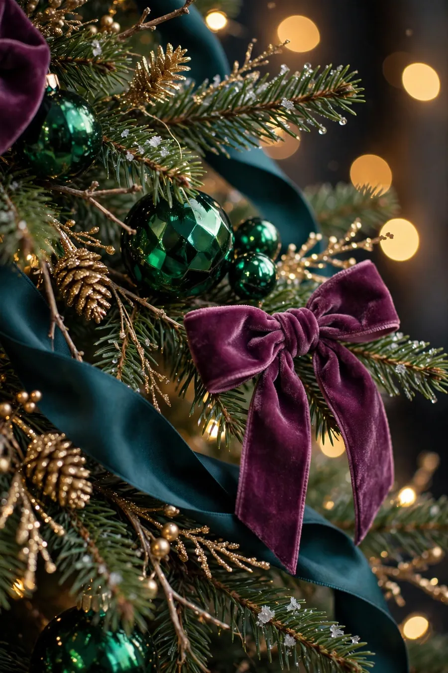 Close-up of jewel-toned Christmas tree branch with emerald green baubles, spiced-plum velvet ribbon and teal silk ribbon glowing with warm fairy lights
