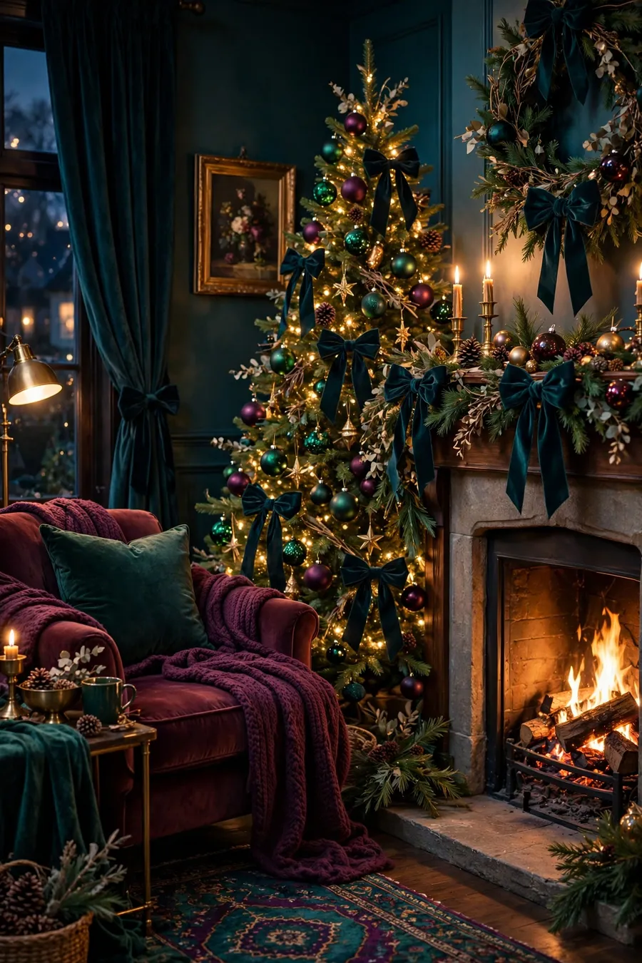 Jewel-toned Christmas decor ideas: cozy living room with emerald green and plum ornaments on a Christmas tree, midnight teal velvet bows and warm fireplace glow