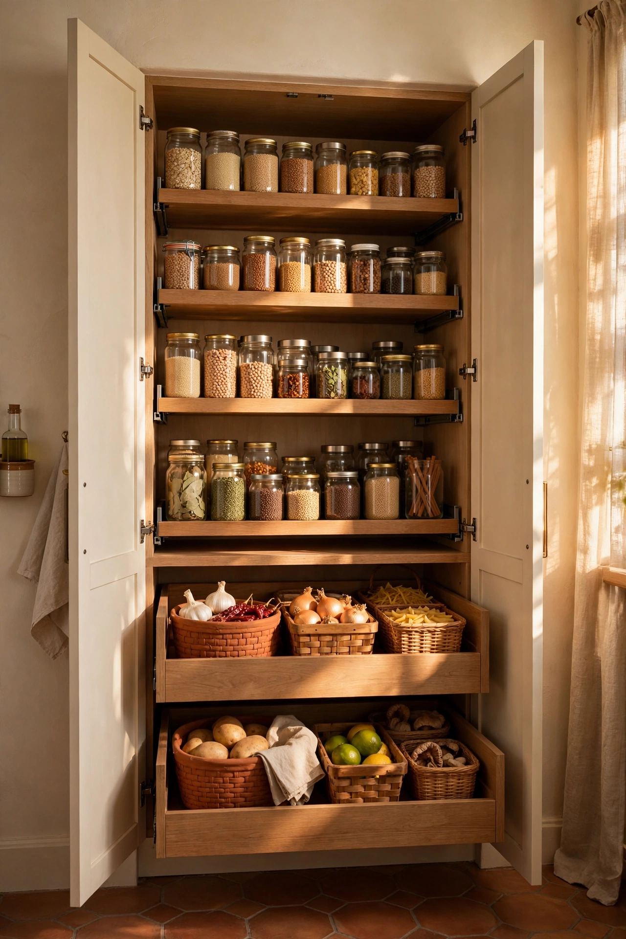 Organized pantry cabinet with pull-out shelves, terracotta storage baskets and glass jars in warm sunlight