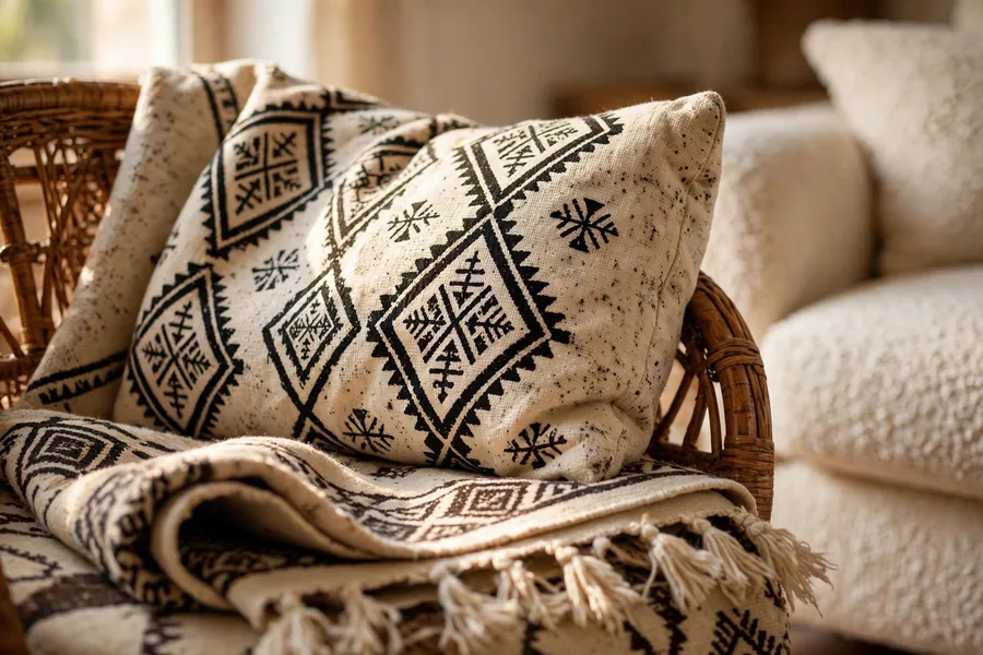 Close-up of Berber textile details: handwoven mudcloth cushion with black tribal diamond pattern on cream fabric draped over a rattan chair