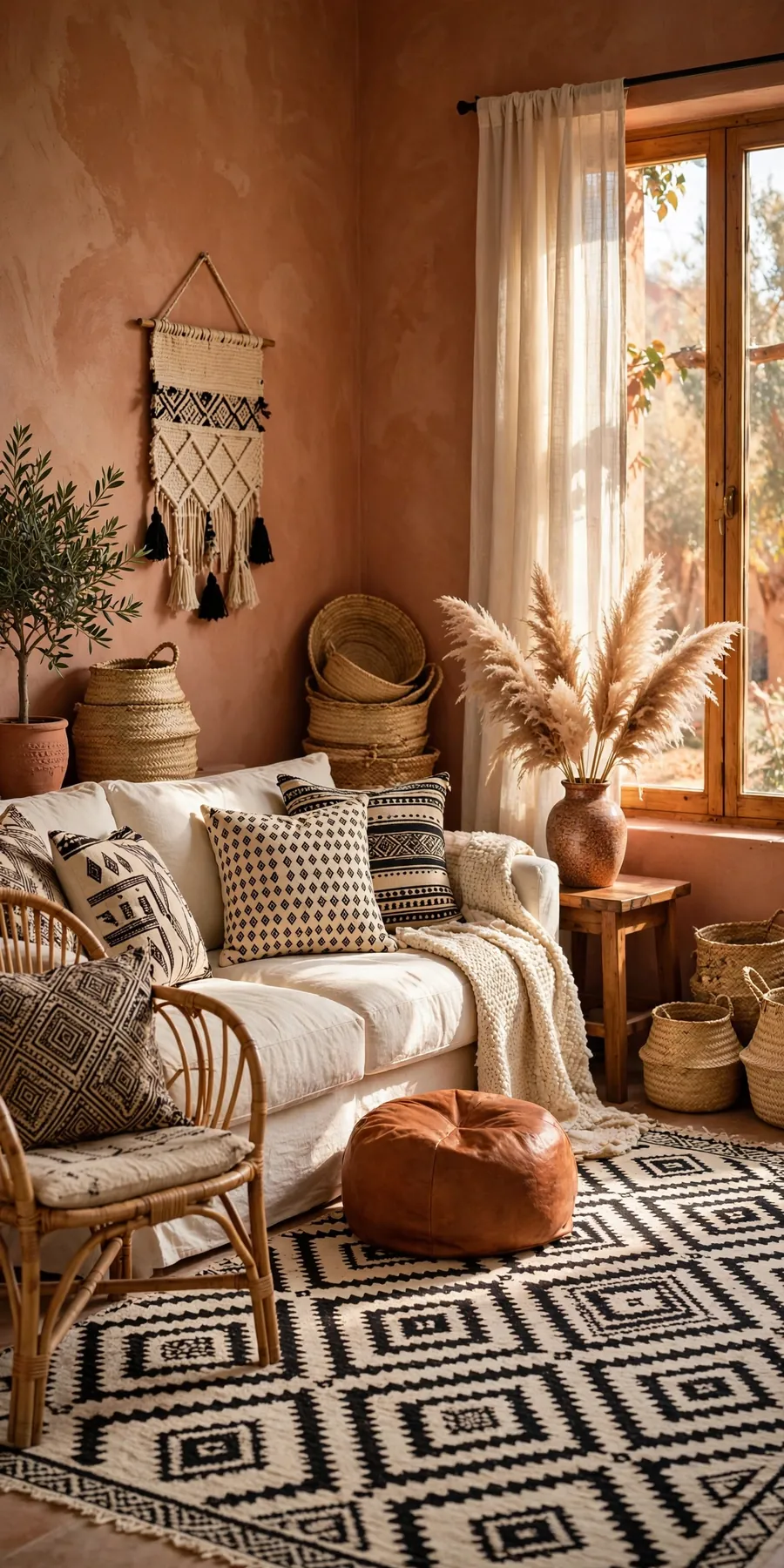Motif berbere living room ideas: sunlit living room with a black-and-white Berber diamond rug, rattan accent chair, mudcloth pillows, woven baskets and warm afternoon light