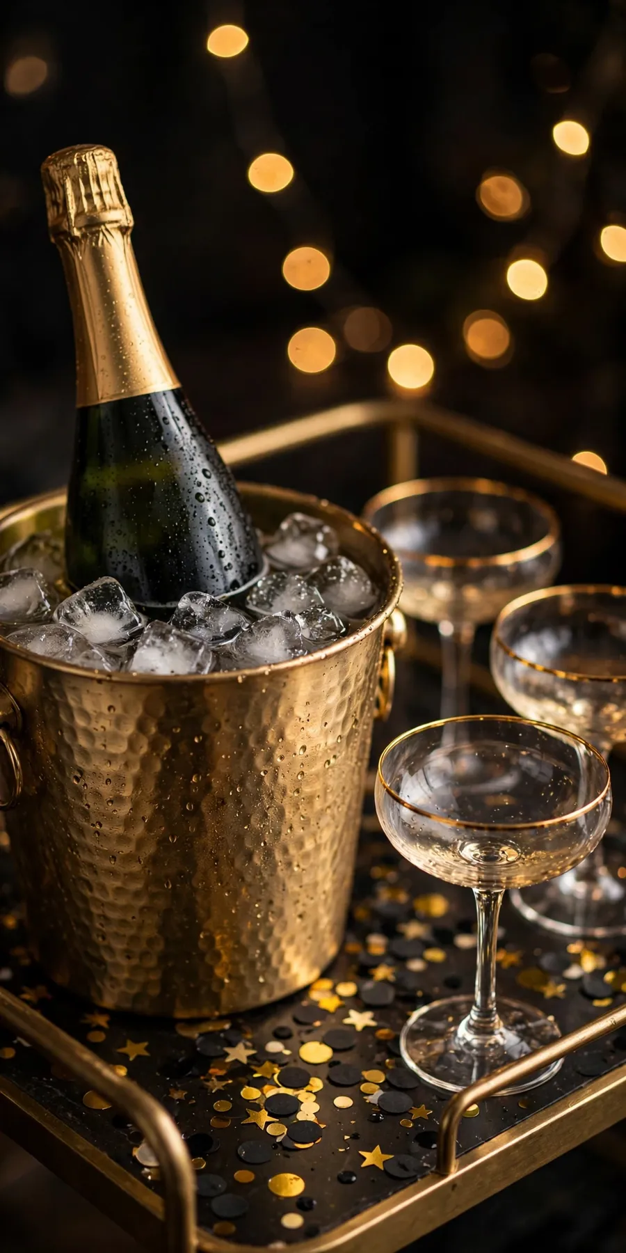 New Year's Eve home decor ideas: close-up of a gold bar cart with a champagne bottle in a hammered gold ice bucket, gold-rimmed coupe glasses and black and gold confetti