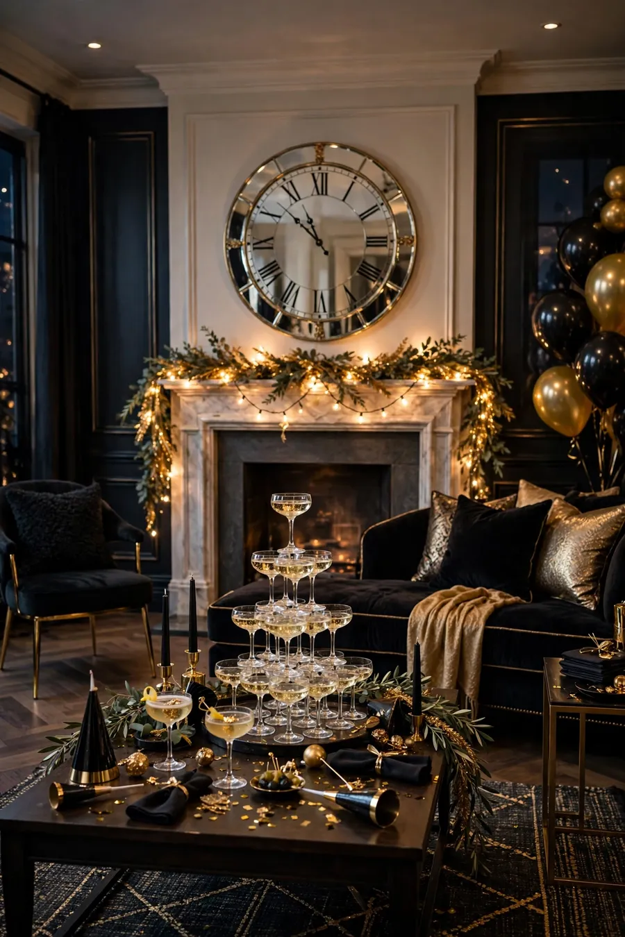 New Year's Eve home decor ideas: elegant black and gold living room with a champagne coupe tower, garland-wrapped mantel, mirror clock nearing midnight and warm fairy lights