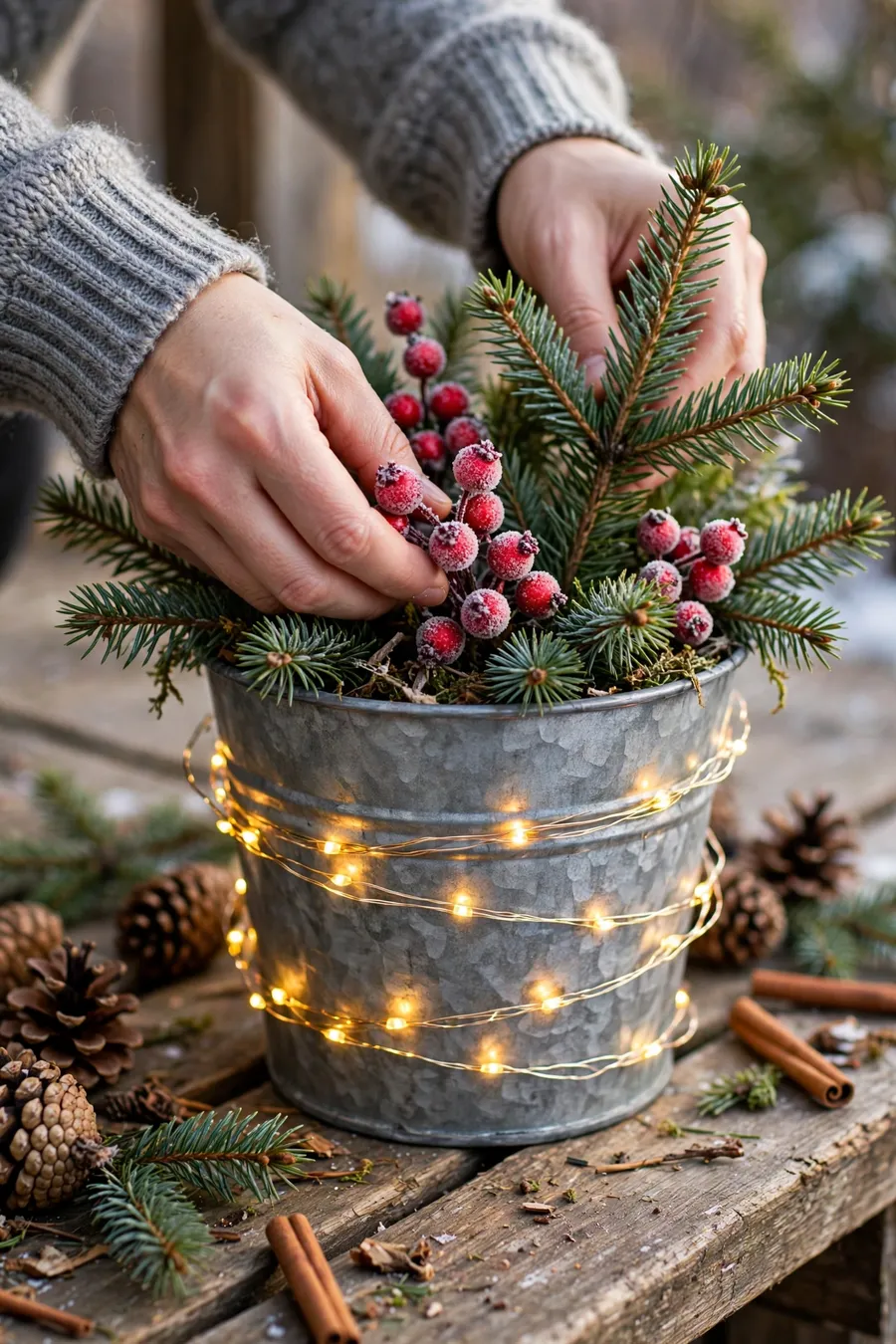 Outdoor Christmas planter ideas: hands arranging frosted berries and spruce branches in a galvanized bucket with fairy lights on a porch