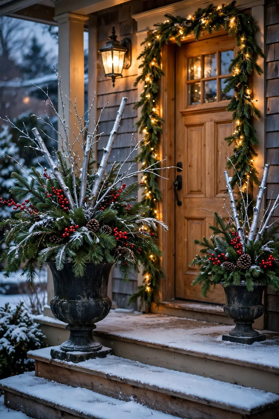 Outdoor Christmas planter ideas: weathered urn with evergreen branches, red berries and birch branches on a snowy front porch at dusk