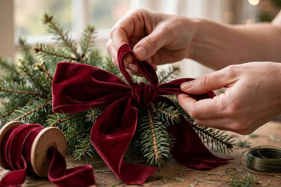 Oversized bow Christmas tree ideas: hands tying a large burgundy velvet bow onto an evergreen branch with florist wire
