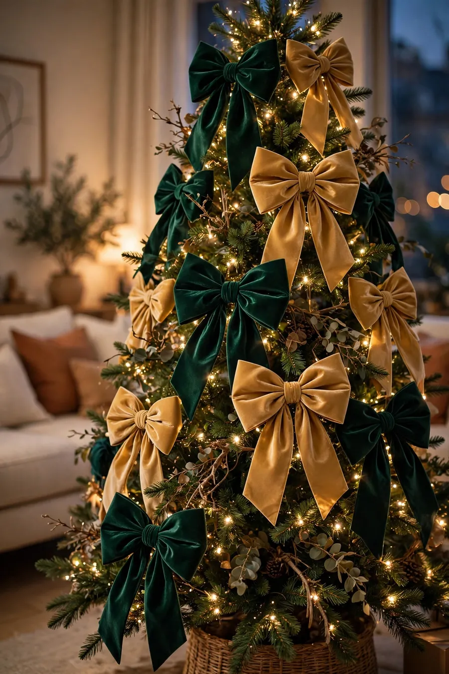 Oversized bow Christmas tree ideas: giant emerald green and gold velvet bows on a lit evergreen tree in a warm living room