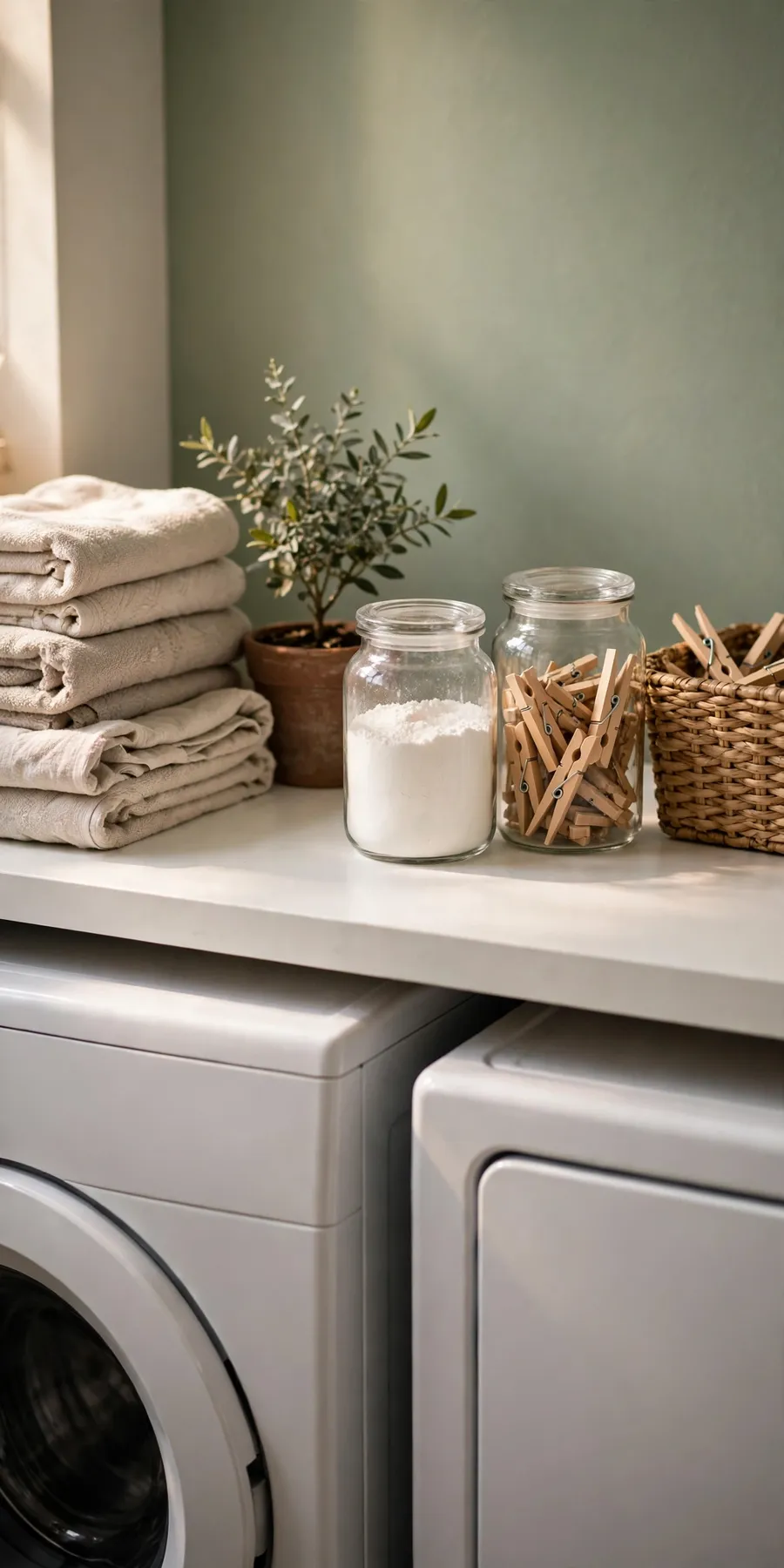 Small laundry room makeover on a budget detail: folding counter with glass jars of detergent, clothespins, folded towels and a small potted plant