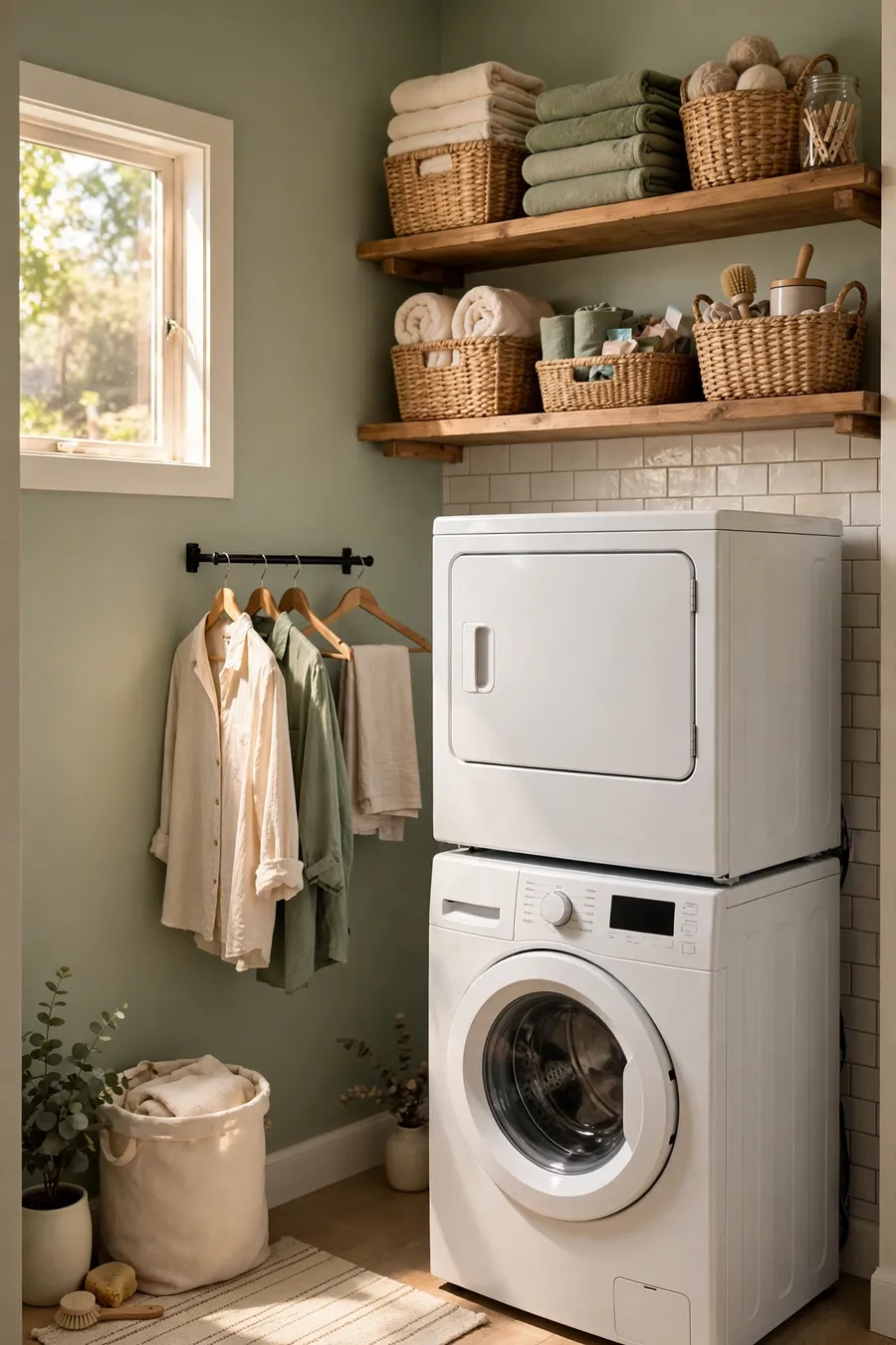Small laundry room makeover on a budget: stacked washer dryer with open wooden shelves, woven baskets, hanging rod and sage green walls