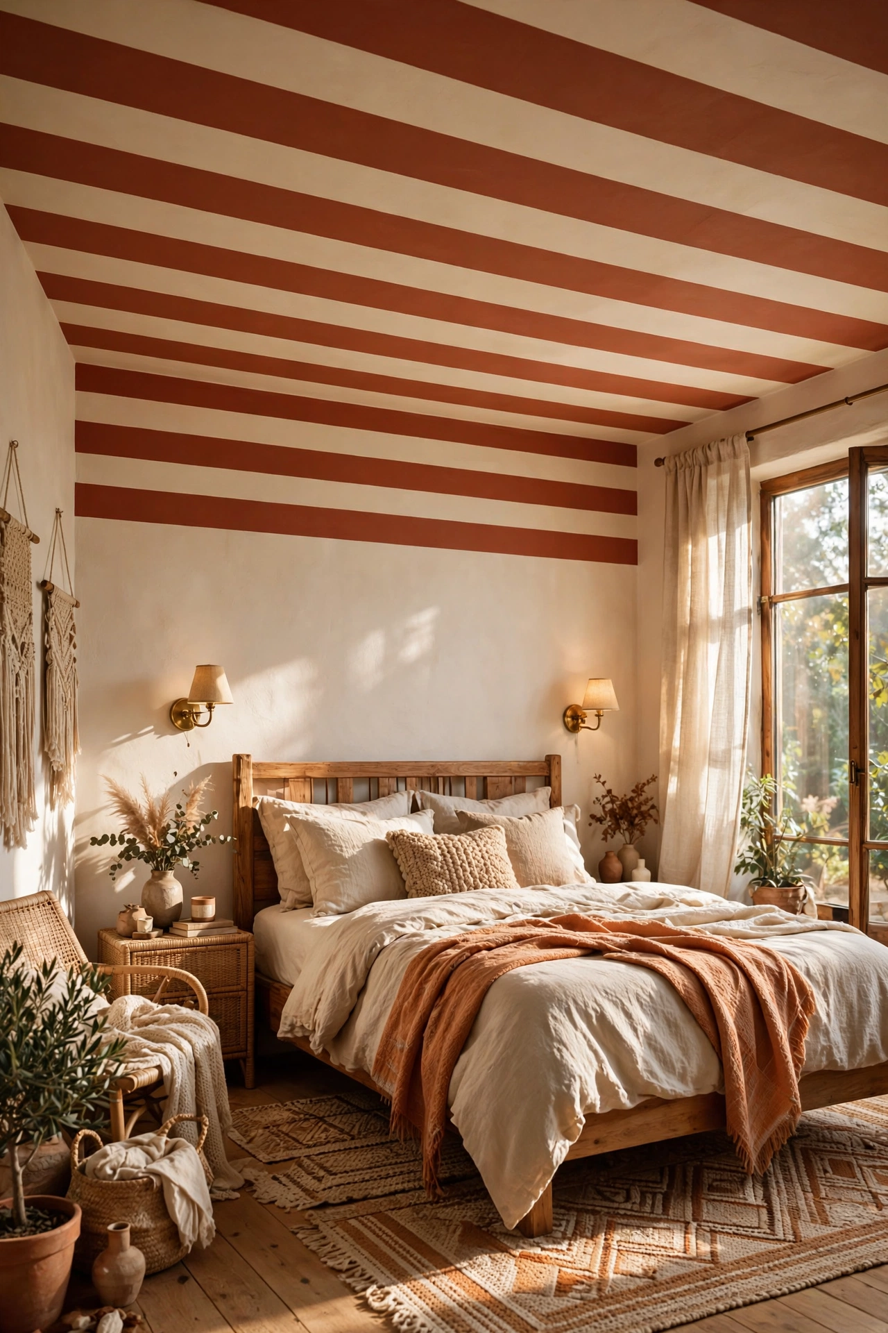 Bedroom with bold terracotta and cream striped ceiling, wooden bed and warm morning light — striped ceiling bedroom ideas
