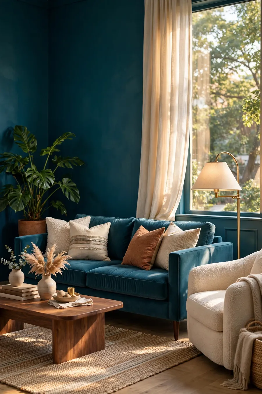 Transformative teal living room ideas: bold blue-green teal walls, teal velvet sofa, cream boucle armchair and brass floor lamp in warm light