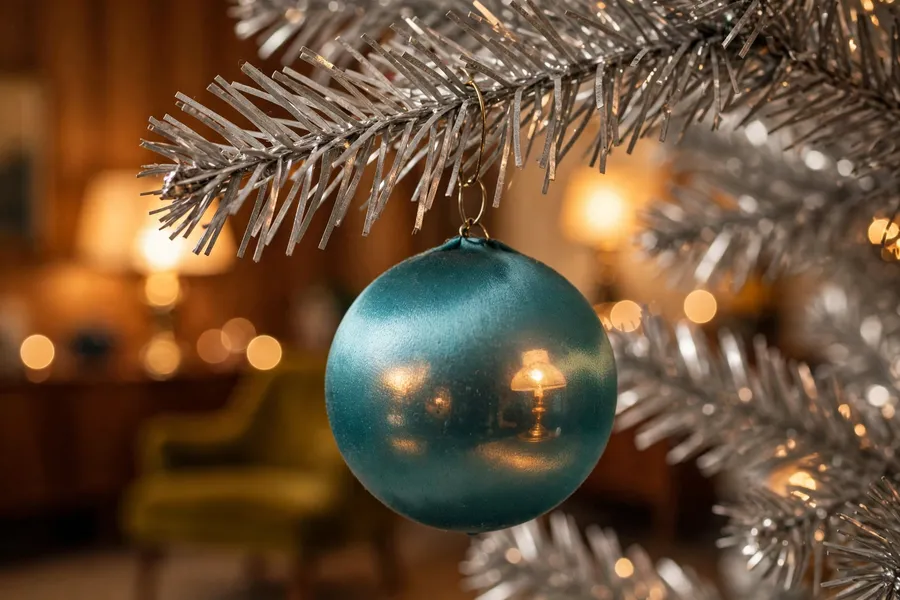 Vintage aluminum Christmas tree decorating ideas: close-up of a teal satin ornament catching warm light on a silver aluminum tree branch